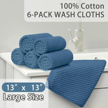 VOOVA & MOVAS Washcloths 6PC, 100% Cotton, 13x13 in, Denim Blue