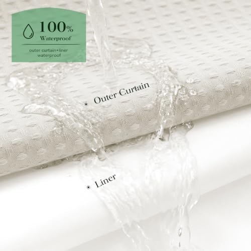 Dynamene Ivory Hook Free Waffle Shower Curtain & Snap-in Fabric Liner,72x99