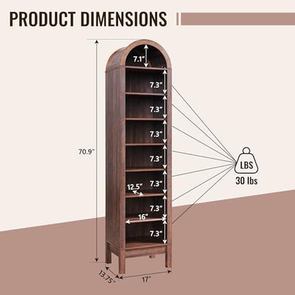 IFBUY 71" Tall Arched Bathroom Storage Cabinet, 8-Tier Modern Farmhouse Storage Cabinet with Adjustable Shelves, Wood Freestanding Cabinet for Bathroom, Living Room, Entryway, Hallway (Brown)