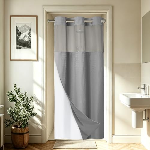 EUTXL Heavyweight No Hook Shower Curtain with Liner, Grey, 48x74