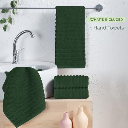 Elegant Comfort Luxury 100% Turkish Cotton Corduroy Ribbed 4 Pack Hand Towel Set 16 x 28 Inch - Absorbent, Super Soft, Quick Dry, Premium Towels for Bathroom, Gym, Spa and Hotel Use, Hunter Green