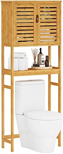 VIAGDO Over The Toilet Storage Cabinet, Tall Bathroom Cabinet Organizer with Cupboard and Adjustable Shelves, Freestanding Toilet Shelf Space Saver Rack Stand for Laundry Room, Balcony, Bamboo