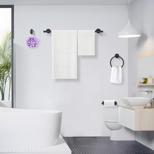 4-Piece Matte Black Bathroom Accessories Hardware Set,Include Double Post Pivoting Toilet Paper Holder,Towel Ring and 2 Towel Hooks