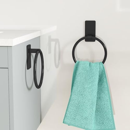 STWWO Hand Towel Holder for Bathroom, Adhesive Round Towel Ring, Black