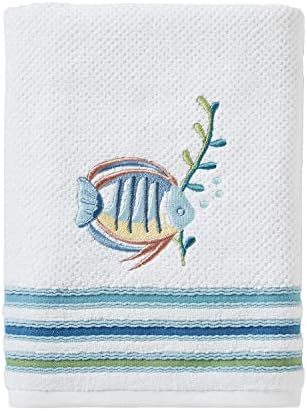 SKL Home Ocean Watercolor Bath Towel, Coastal Embroidery, White