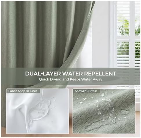River Dream Linen Textured No Hooks Shower Curtain with Liner,Green,71x74