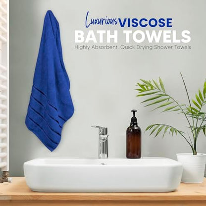 Luxury Towels for Bathroom Set of 8-2 Bath Towels 2 Hand Towels 4 Washcloths - 600 GSM 100% Cotton Ring Spun Viscose Border Towels Set - Royal Blue