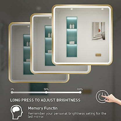 36X36 Inch LED Gold Frame Bathroom Mirror, ETL Listed