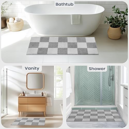 PURRUGS Bathroom Rug Non-Slip Machine Washable 20" x 30", Super Absorbent and Quick-Dry Bath Mat, Extra Soft and Plush Bath Rug for Shower, Bathtub and Sink, Light Grey & Grey