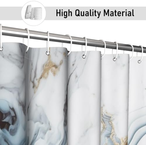 Ocean Blue Marble Shower Curtain Modern Abstract Luxury Gold Ink Texture Gray Ombre Watercolor Bathroom Curtain Set with Hooks Soft and Lightweight Waterproof Fabric Machine Washable 48"Wx72"L