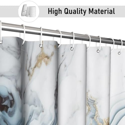 Ocean Blue Marble Shower Curtain Modern Abstract Luxury Gold Ink Texture Gray Ombre Watercolor Bathroom Curtain Set with Hooks Soft and Lightweight Waterproof Fabric Machine Washable 66"WX72"L