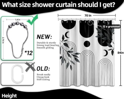 Mid Century Modern White and Black Shower Curtain Bohemian MCM Black and White Shower Curtains for Mens Bathroom Decor, Boho Minimalist Pattern, Waterproof Cloth Fabric with Hooks 70x84 in