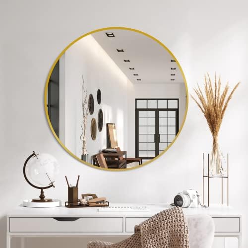 Delma 26 Inch Gold Round Circle Mirror for Bathroom Wall, Metal Frame