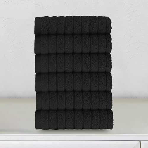 Elegant Comfort 100% Turkish Cotton Corduroy Ribbed Luxury Washcloths 6 Pack Soft 13 x 13 Inch - Higly Absorbent, Durable, Quick Dry, Spa Premium Hotel Quality for Bathroom or Travel, Black
