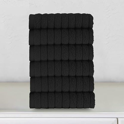 Elegant Comfort 100% Turkish Cotton Corduroy Ribbed Luxury Washcloths 6 Pack Soft 13 x 13 Inch - Higly Absorbent, Durable, Quick Dry, Spa Premium Hotel Quality for Bathroom or Travel, Black