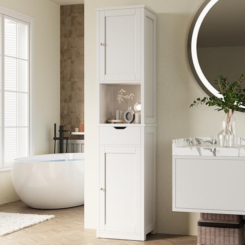 Shintenchi Tall Bathroom Storage Cabinet, Slim Corner Floor Cabinet with Doors and Drawer, Freestanding Narrow Bathroom Organizer with Adjustable Shelves for Small Space, White
