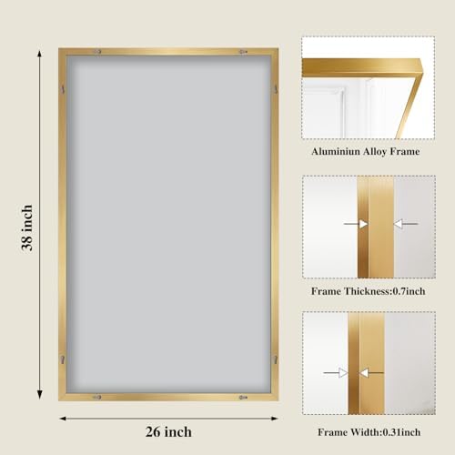 Koonmi Gold Mirrors for Wall, 26x38 Inch Bathroom Mirror, Rectangular Wall Mirror for Living Room Bedroom Bathroom, Hangs Horizontally or Vertically