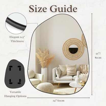 PERFNIQUE Irregular Asymmetrical Wall Mirror, 32"x24" Black Bathroom Mirror