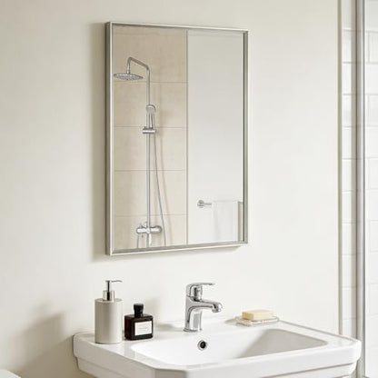 Bathroom Mirror for Wall, 24x16 Inch Framed Vanity Mirror Brushed Nickel