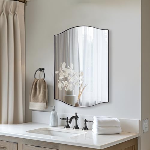 ANDY STAR Black Bathroom Mirror, 20"x30" Scalloped Wall Mirror in Stainless Steel Metal Frame, Unique Vanity Mirror with Modern Curved Edge Design, Ideal for Bathroom, Bedroom, Entryway