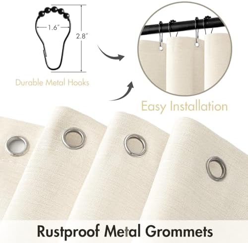 MIULEE 72 x 84 Extra Long Linen Shower Curtain Ivory 12 Metal Hooks