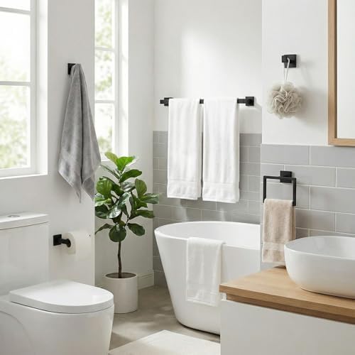 5-Pieces Matte Black Bathroom Accessories Set, 24 Inch Bath Towel Bar Set, SUS 304 Stainless Steel Bathroom Hardware Set, Towel Racks for Bathroom Wall Mounted