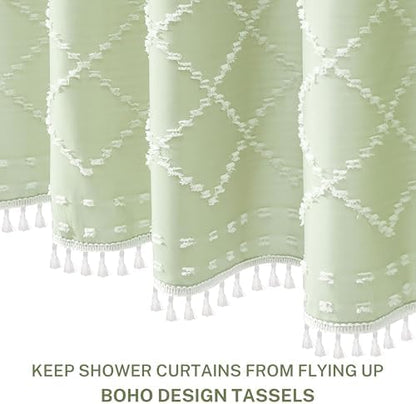 Extra Long Green Boho Shower Curtain - Woven Fabric Cute 84 Inch with Tassel, 72 x 84 Tufted Chevron Textured Striped Modern Farmhouse Minimalist for Bathroom