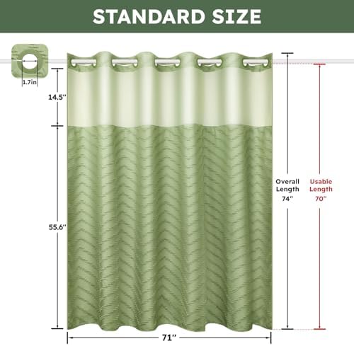 FADOTY Green No Hook Shower Curtain Set with Snap in Liner, 71'' x 74''