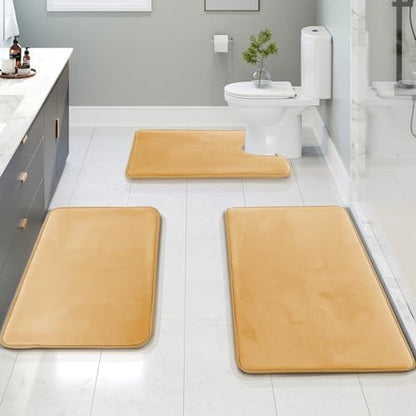 Clara Clark 3 Piece Bathroom Rugs Bath Mat Set, Velvet Memory Foam Bath Mats for Bathroom - Non-Slip, PVC Backing Bath Rugs, Washable - Dries Quickly, Beige