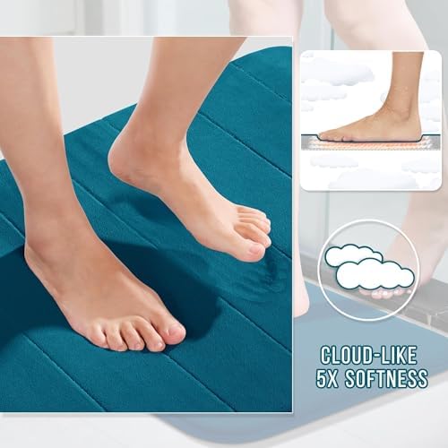 Yimobra Bathroom Runner 60"x24", Non Slip Memory Foam Bath Mat, Super Soft Water Absorbent Hallway Carpet, Machine Washable Rug for Vanity Tub Shower, Peacock Blue