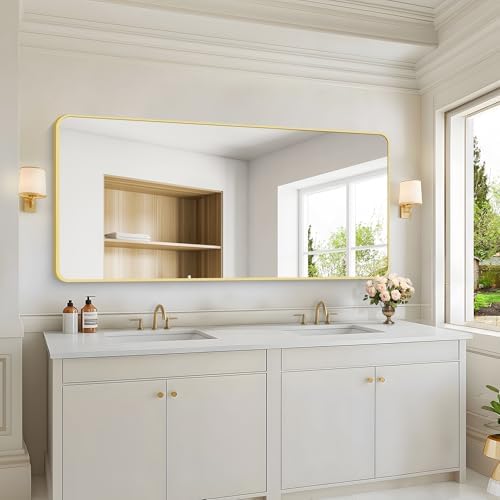 30"x60" Gold Bathroom Mirror, Large Rectangle Wall Mounted Mirror with Rounded Corner, Aluminum Metal Frame Vanity Mirror for Bathroom Bedroom Living Room