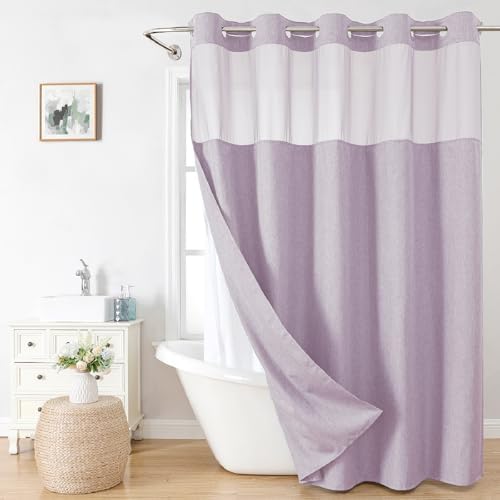 eachope No Hook Fabric Shower Curtain Set with Snap-in Liner,71x80 Lavender