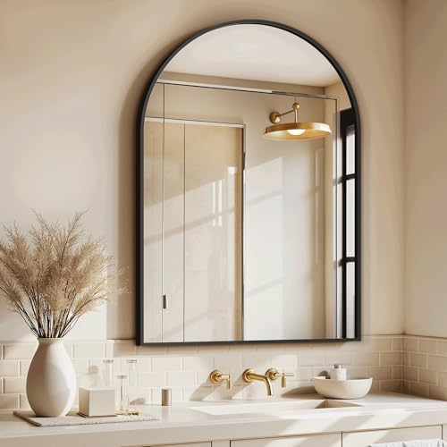 Arched Bathroom Mirror for Wall, 30" x 20" Metal Frame Vanity Mirror, Black