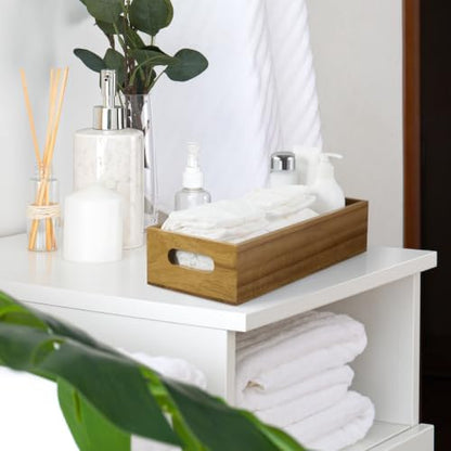 ALELION 14 Inch Acacia Wood Bathroom Storage Basket with Handles, Toilet Paper Basket for Back of Toilet Tank Top, Wooden Organizer Tray for Bathroom Countertop, Vanity, Kitchen, Pantry, Laundry Room