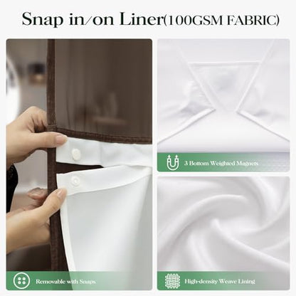Dynamene Brown Hook Free Waffle Shower Curtain & Snap-in Fabric Liner,72x81