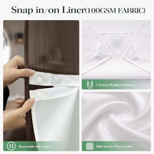 Dynamene Brown Hook Free Waffle Shower Curtain & Snap-in Fabric Liner,72x75