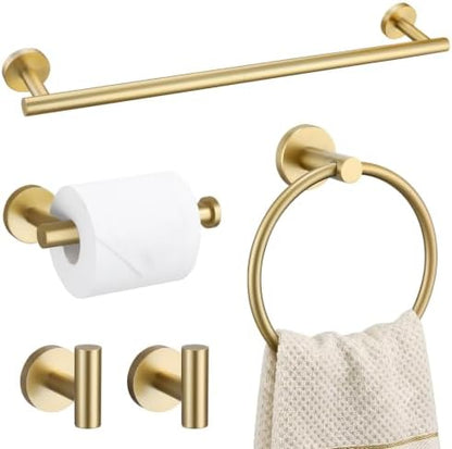 TURS Brushed Gold 5 Piece Bathroom Hardware Set, SUS304 Stainless Steel 24 Inch Bath Towel Bar Set, Round Bathroom Accessories Kit Wall Mounted