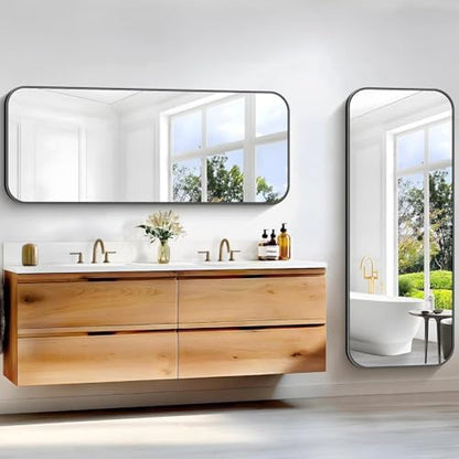 Bathroom Mirror, 60 x 24 inch Metal Framed Black Rectangle Mirror, Rounded Corner Rectangular Vanity Mirror, Large Wall Mounted Mirror for Modern Bedroom Living Room Horizontal or Vertical
