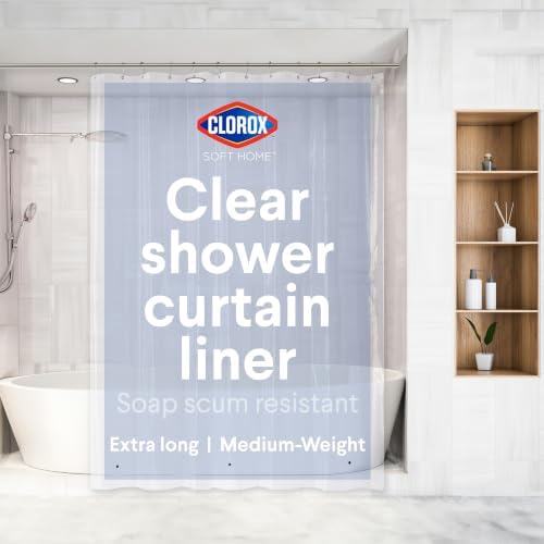 Clorox Shower Curtain Liner, Premium Medium-Weight Durable Waterproof 6g PEVA for Bathroom with Weighted Magnets, Extra Long 72" x 78", Clear 1 Pack