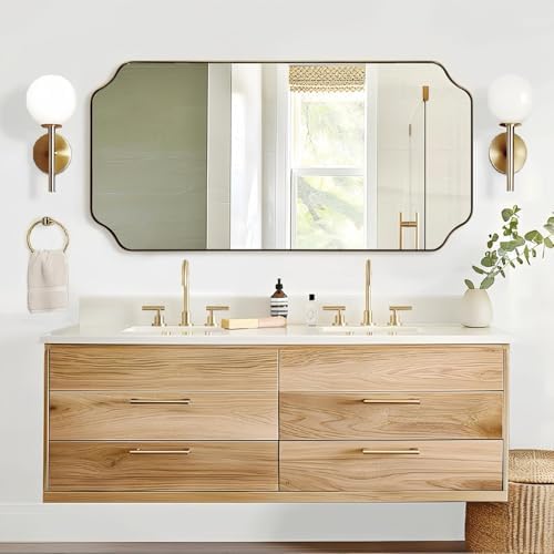 ANDY STAR 24"x48" Large Bathroom Mirror, Brushed Gold Rectangle Mirror, Scalloped Mirror for Bathroom in Anti-Rust Stainless Steel Metal Frame 1" Deep, Hangs Vertically/Horizontally