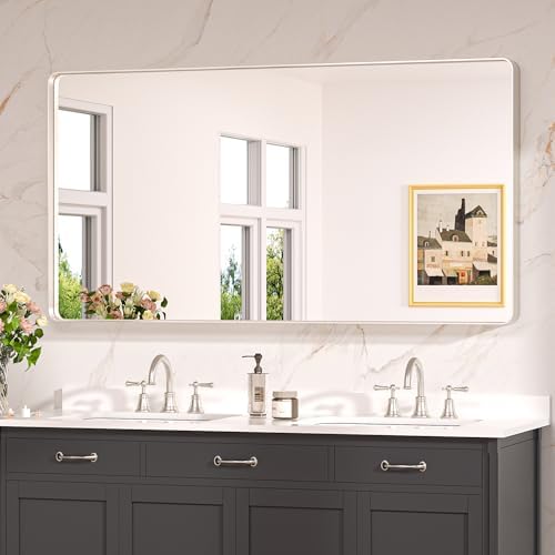 Keonjinn 55 x 30 Inch Brushed Nickel Bathroom Mirror, Tempered Glass