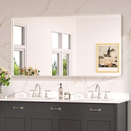 Keonjinn 55 x 30 Inch Brushed Nickel Bathroom Mirror, Tempered Glass