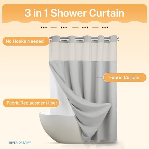 River Dream Waffle No Hook Shower Curtain with Liner,Light Grey,71x74