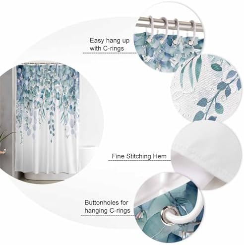 Shower Curtain Bathroom Set Country Eucalyptus Leaves Waterproof Shower Curtains with Grommets Hooks Watercolor Teal Green Leaf Privacy Bath Curtain for Bathtub Decor 72x78in
