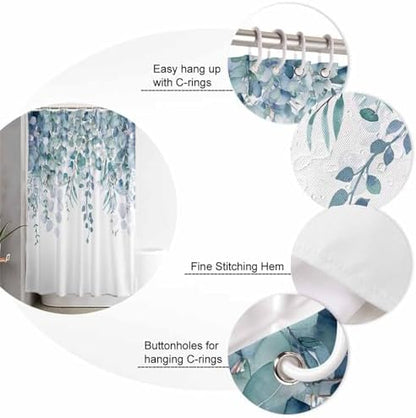 Shower Curtain Bathroom Set Country Eucalyptus Leaves Waterproof Shower Curtains with Grommets Hooks Watercolor Teal Green Leaf Privacy Bath Curtain for Bathtub Decor 72x78in