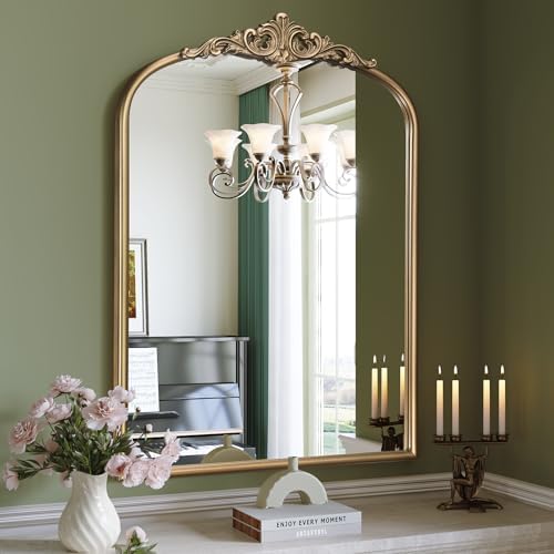 Arched Antique Gold Wall Mirror, 28"x36" Vintage Bathroom Mirror