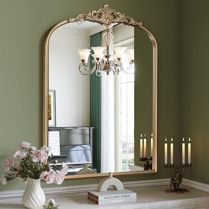 Arched Antique Gold Wall Mirror, 28"x36" Vintage Bathroom Mirror