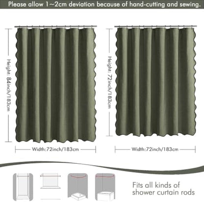 MIULEE 72"x84" Extra Long Scalloped Linen Shower Curtain Olive Green