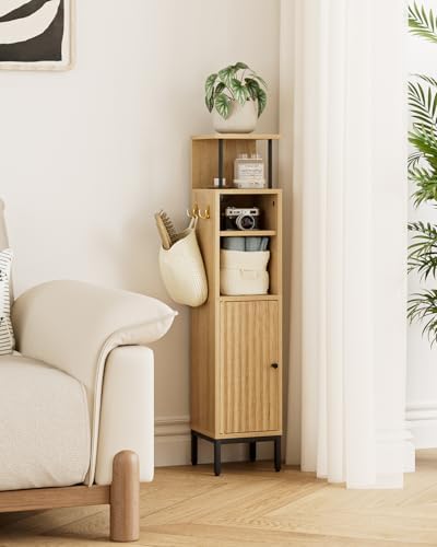 Bathroom Storage Cabinet,Small Corner Floor Cabinet with 2 Hook,Narrow Tall Toilet Paper Cabinet with Adjustable Shelves,Bathroom Organizer for Living Room,Small Spaces (Wave, Oak-37''H)