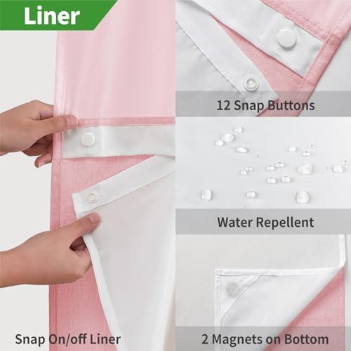 eachope No Hook Linen Texture Shower Curtain with Snap-in Liner,71x86 Pink